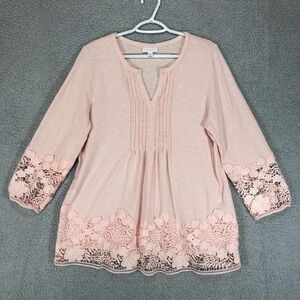 Charter Club Blush Pink Lace Trim Tunic Top Size L Split Neck 3/4 Sleeve